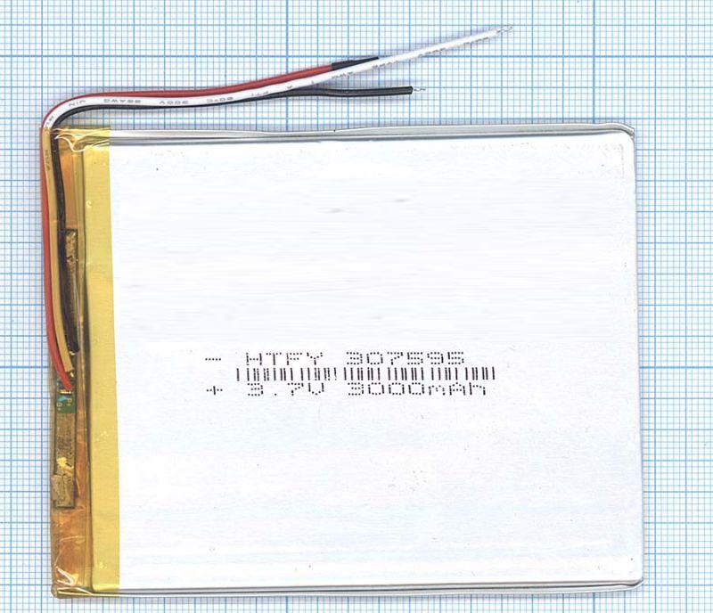  Li-Po  95 x 75 x 3.0mm, - 3.7V, 3000mAH, 3pin, LP307595