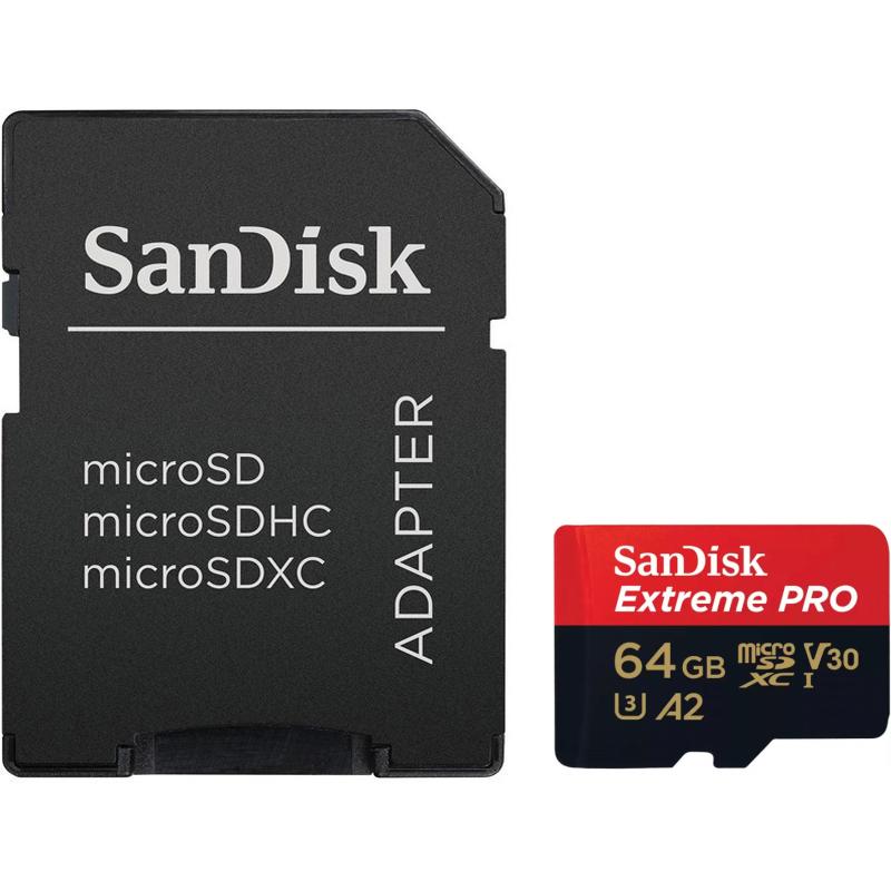    64Gb microSDXC Sandisk Extreme Pro UHS-I U3 V30 A2 (200/90 MB/s) + 